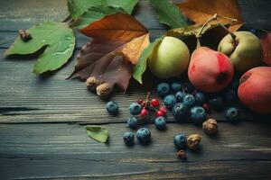 AI generated autumn fruits on wooden table photo