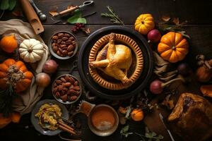 AI generated thanksgiving dinner with turkey, pumpkin, nuts and other ingredients on a wooden table photo