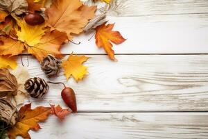 AI generated autumn leaves and pine cones on a wooden table photo