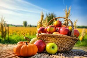 ai generado manzanas, calabazas, y manzanas en un cesta en un campo foto