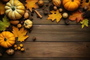 AI generated autumn background with pumpkins, acorns and leaves on wooden table photo