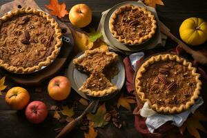 AI generated four pies are on a table with apples and pecans photo