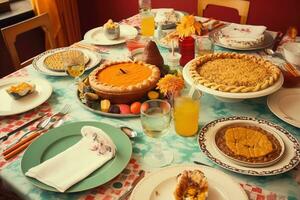 ai generado un mesa conjunto para acción de gracias con un tarta, un pastel y otro comida foto