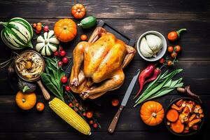 AI generated thanksgiving dinner with turkey, vegetables and other ingredients photo