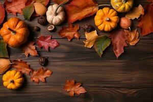 AI generated autumn background with pumpkins, acorns and leaves photo