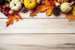 AI generated autumn harvest background with copy space on wooden table photo