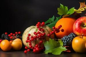 AI generated autumn still life with fruits and vegetables on black background photo