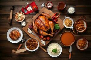 AI generated a table with a roast turkey, vegetables and other foods photo