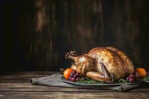 AI generated thanksgiving dinner with roasted turkey on wooden table photo