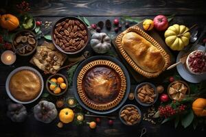 AI generated thanksgiving dinner with pies, fruit and nuts photo