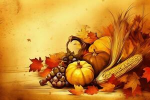 AI generated thanksgiving background with corn, pumpkins and leaves photo