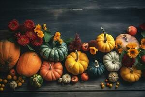 AI generated many different types of pumpkins and flowers on a wooden table photo