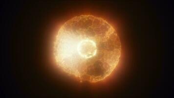 astratto giallo arancia energia raggiante digitale sfera atomo fatto di iridescente energia a partire dal in movimento elettrico plasma liquido su nero sfondo video