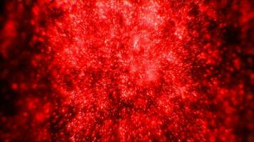 Blurred red abstract background of bokeh and small round particles of energy magical holiday flying dots on a black background video