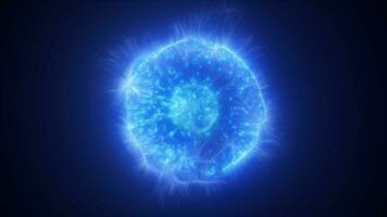 abstrakt Blau Energie glühend Digital Kugel Atom gemacht von irisierend Energie von ziehen um elektrisch Plasma Flüssigkeit auf schwarz Hintergrund video