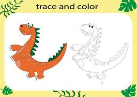 Trace and color the cartoon dinosaur. Handwriting practice for kids. Educational worksheet for children. Printable worksheet. Vector illustration.