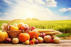 AI generated autumn harvest with basket of pumpkins and corn on a wooden table photo