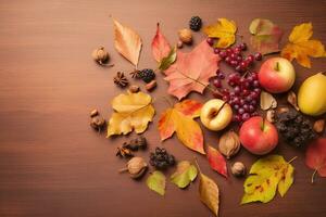 AI generated autumn fruits and nuts on a wooden table photo