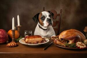 AI generated a dog sits at a table with a turkey and other food photo