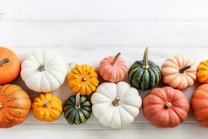 AI generated a row of pumpkins on a white wooden table photo