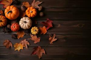 AI generated autumn background with pumpkins and leaves photo