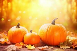 AI generated three pumpkins on a fall background photo