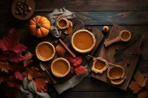 AI generated pumpkin pies on wooden table with autumn leaves photo