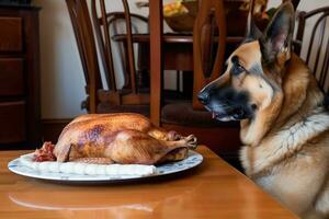 ai generado alemán pastor perro comiendo Turquía foto