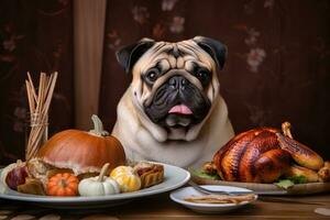 AI generated a pug dog sitting at a table with a turkey, pumpkin and other food photo
