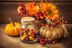 ai generado otoño todavía vida con calabazas y flores en de madera mesa foto