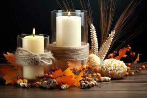 AI generated two candles and autumn decorations on a wooden table photo