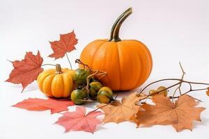 AI generated autumn still life with pumpkins and autumn leaves photo