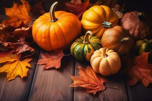 AI generated autumn pumpkins and leaves on a wooden table photo