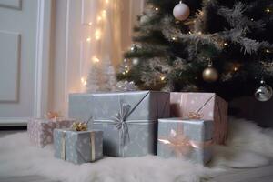 ai generado Tres regalos sentado en un blanco alfombra cerca un Navidad árbol foto
