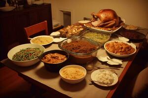 ai generado un mesa lleno de comida y un Turquía foto