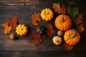 AI generated autumn background with pumpkins and leaves on wooden background photo