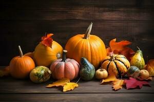 AI generated pumpkins and gourds on a wooden table photo
