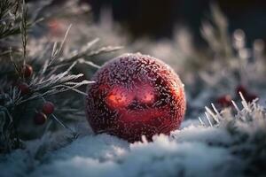 AI generated a red christmas ball is covered in snow photo