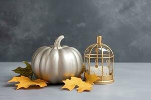 AI generated pumpkin and birdcage on grey background photo