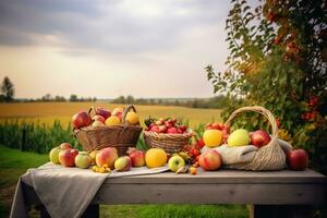 ai generado un mesa con manzanas y otro frutas en eso foto