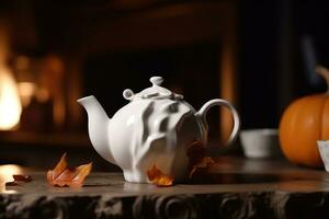 AI generated a white teapot sits on a table next to a pumpkin photo