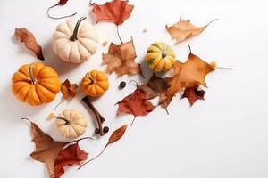 AI generated autumn background with pumpkins and leaves photo