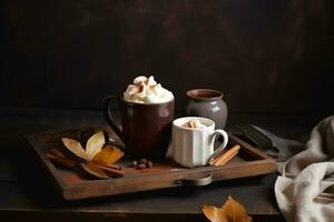 AI generated coffee and cinnamon on a wooden tray photo