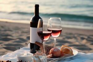 AI generated a bottle of wine and a plate of food on the beach photo