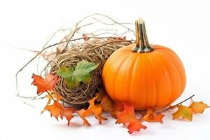 AI generated a pumpkin and leaves on a white background photo