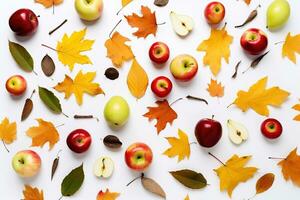 AI generated autumn leaves and apples on white background photo