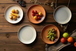 AI generated a table with four plates with fruit and vegetables photo