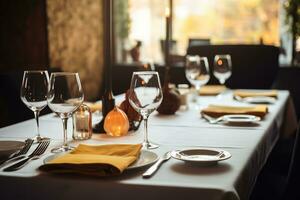 AI generated a table setting with wine glasses and napkins photo