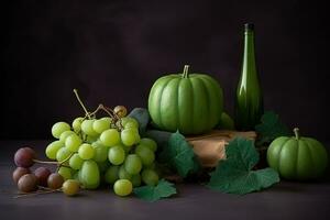 AI generated still life with grapes, pumpkins and pumpkins photo
