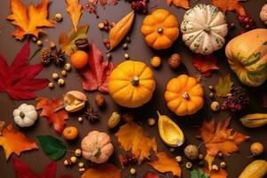 AI generated autumn background with pumpkins, acorns, leaves and other autumnal items photo
